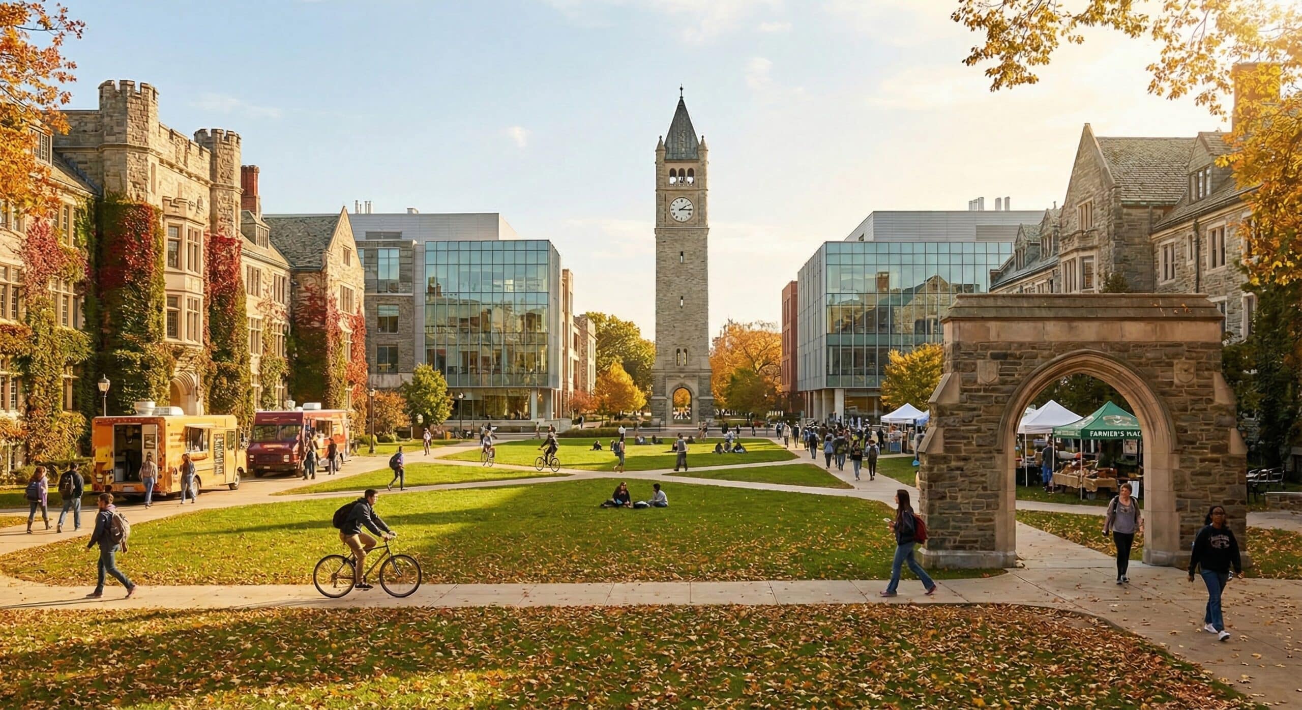 Campus environment with students walking through green space