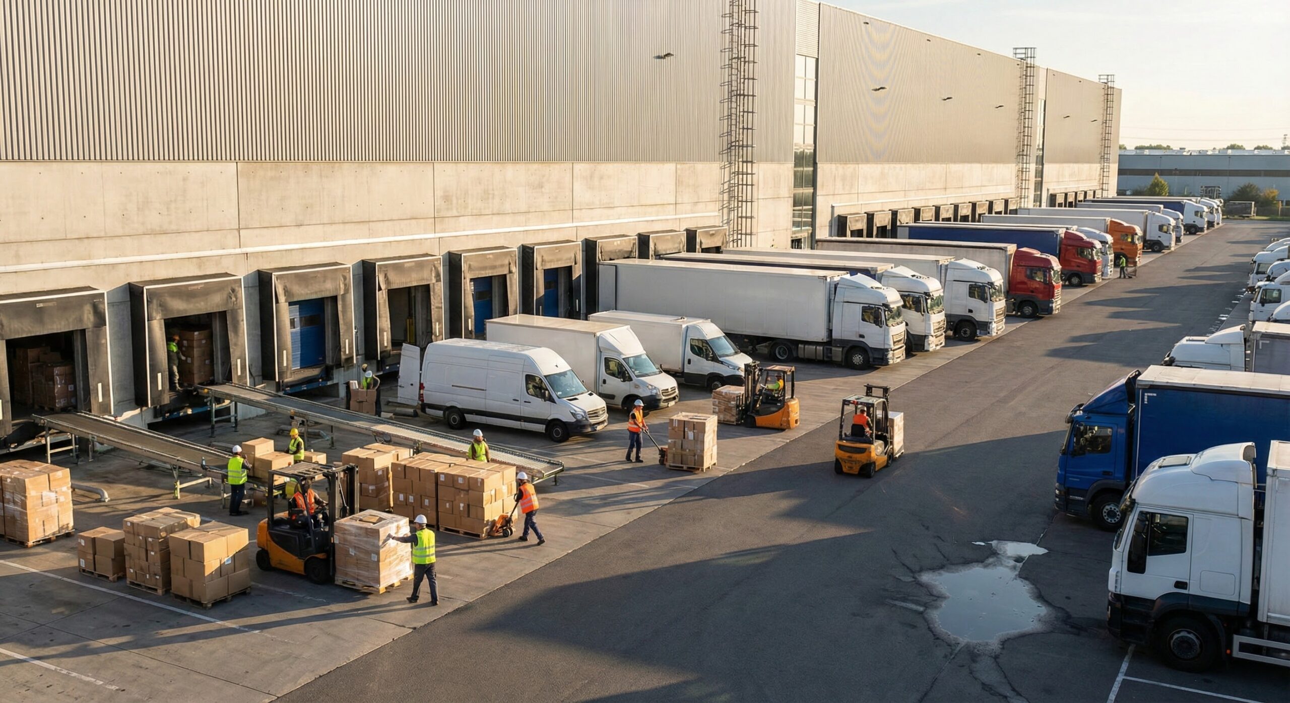 Logistics facility with trucks and loading activity